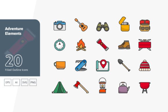 Adventure Filled Outline Icons for Graphics and Branding
