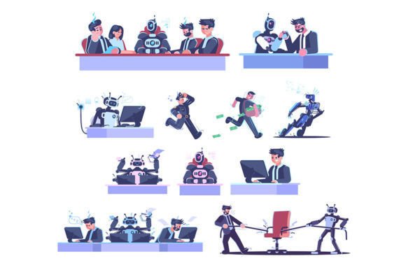Robot Worker Among Human Illustrations Graphics
